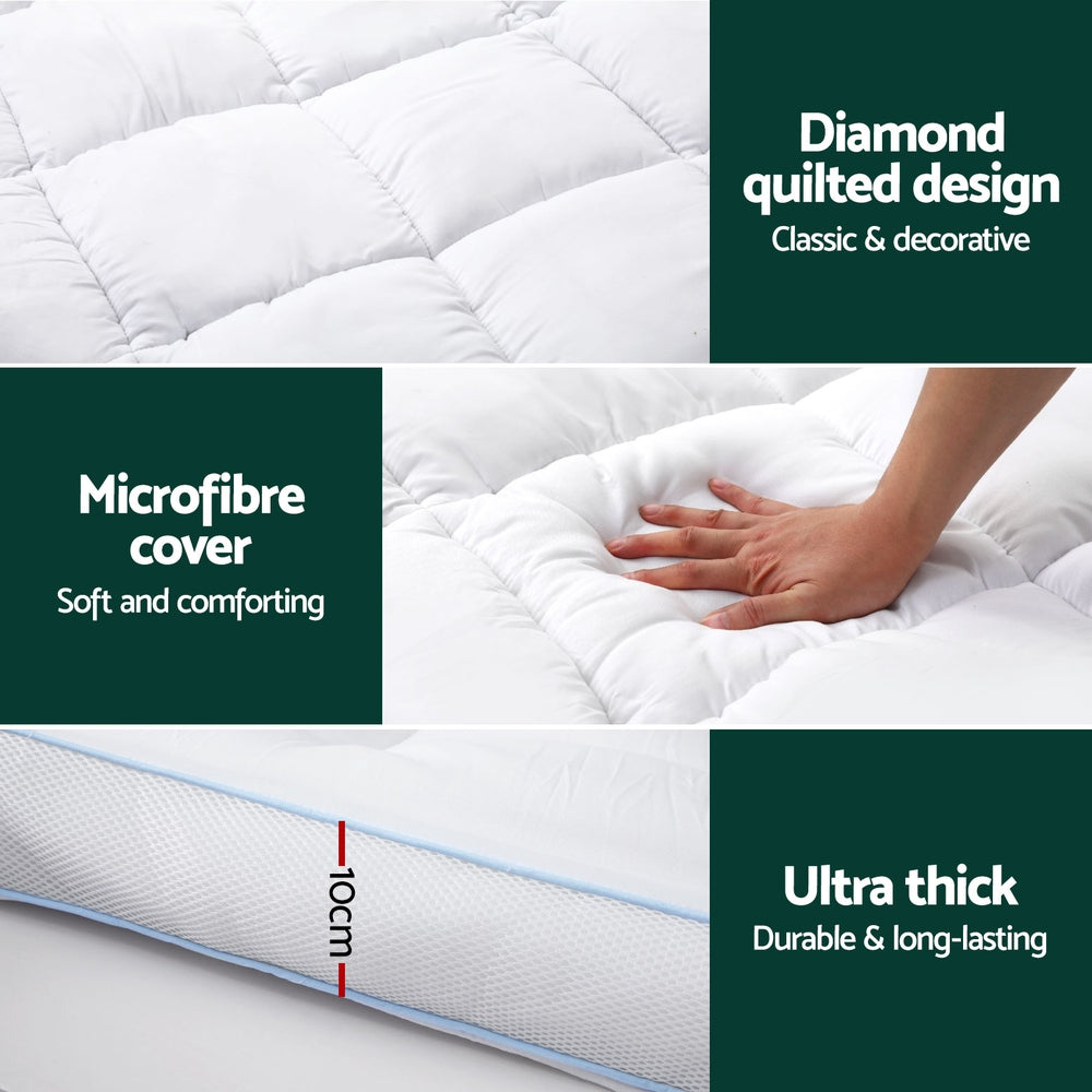 Giselle Bedding 1500GSM Bamboo Pillowtop Mattress Topper 10cm Thick Pad for Back Pain Relief, High Loft Cooling Underlay for Dorm & Guest Bed, 45cm Deep Pocket Double