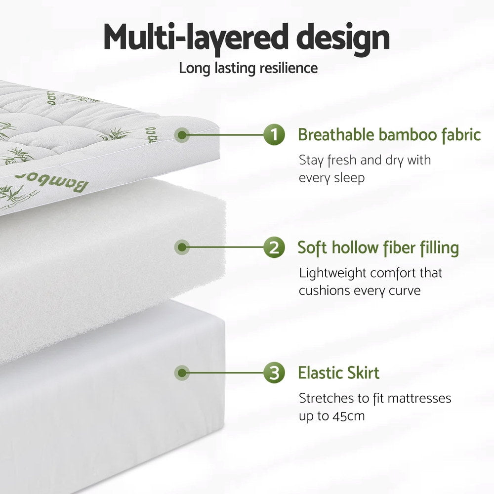 Giselle Bedding 1500GSM Pillowtop Mattress Topper Bamboo Mattress Pad for Back Pain Relief Washable 11cm Thick Bed Cover with 45cm Deep Pocket King Single