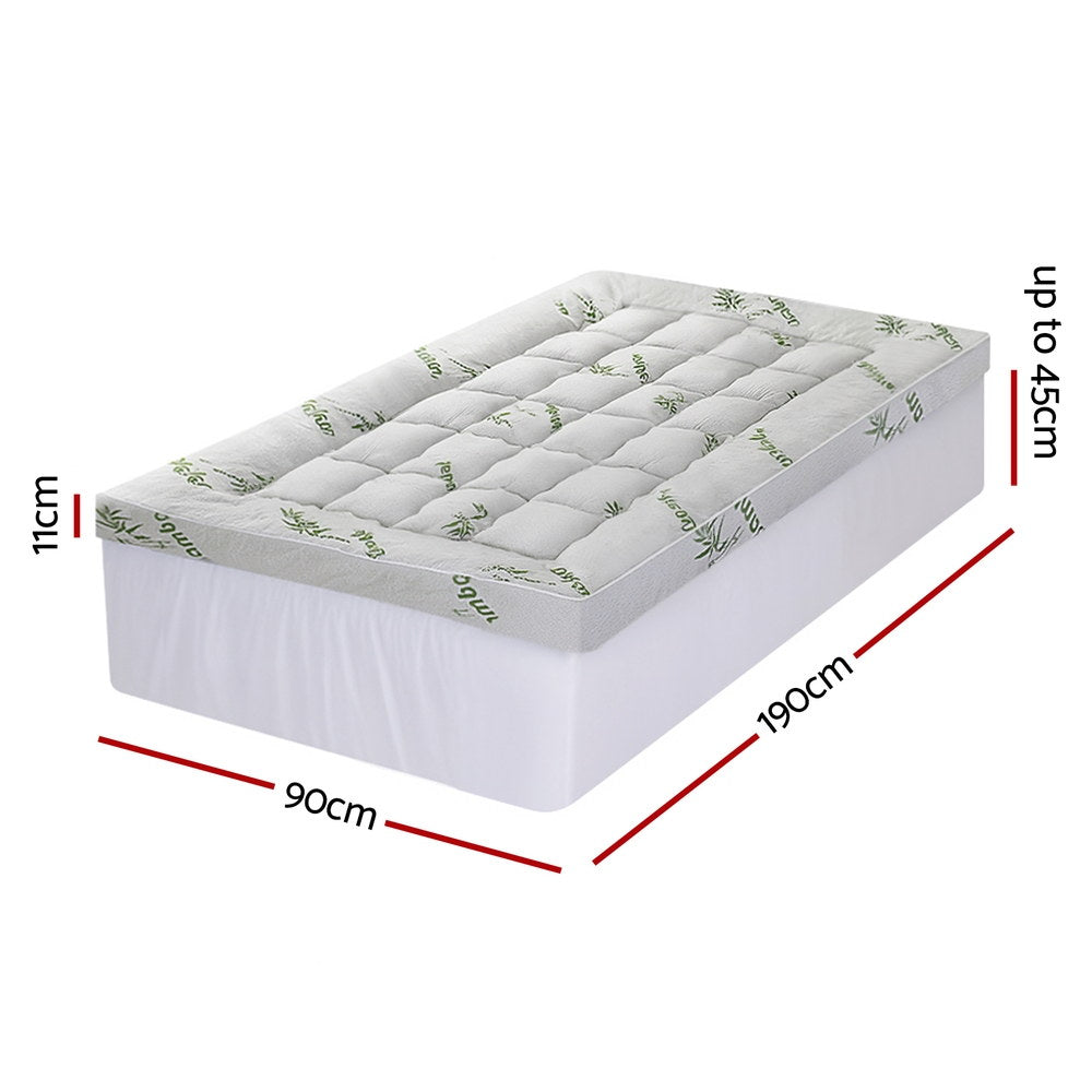 Giselle Bedding 1500GSM Pillowtop Mattress Topper Bamboo Mattress Pad for Back Pain Relief Washable 11cm Thick Bed Cover with 45cm Deep Pocket Single