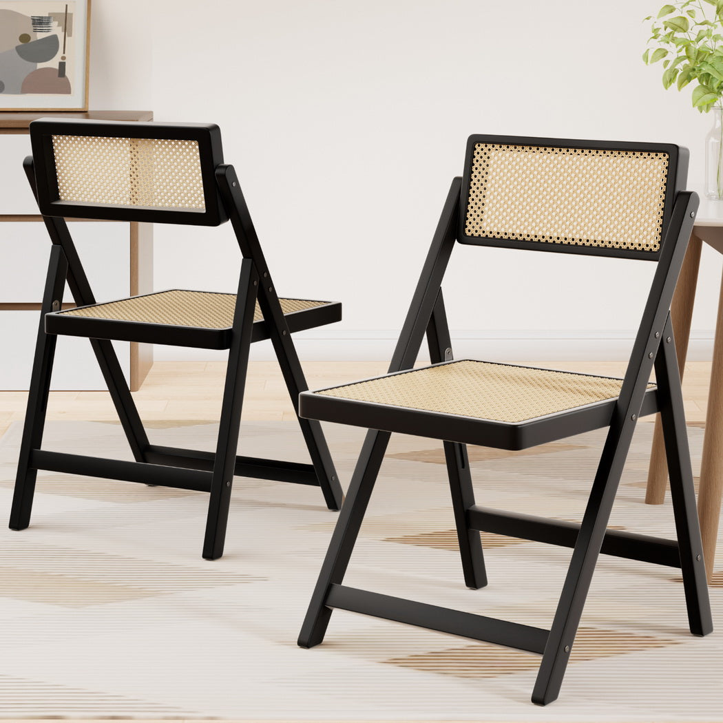 Artiss 2x Dining Chairs Wooden Rattan Foldable Black