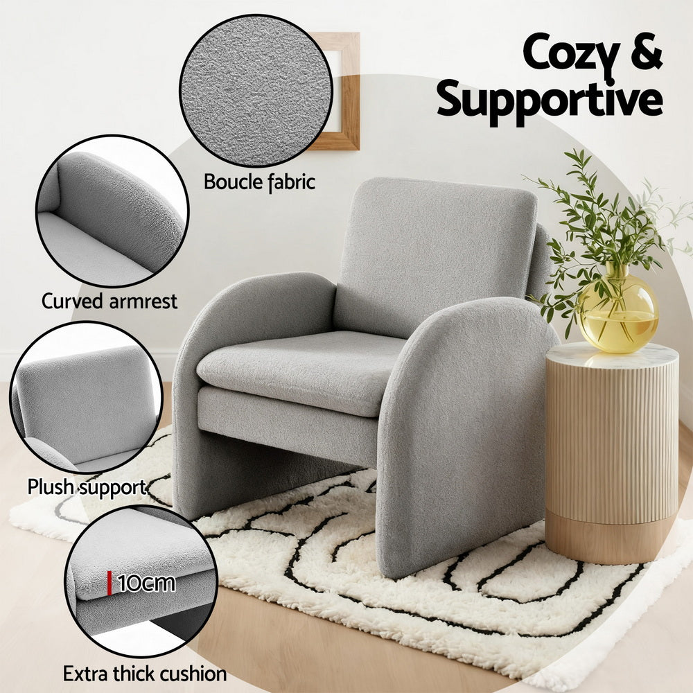 Artiss Armchair Accent Chair Lounge Tub Sofa Couch Curved Arm Seat Boucle Grey