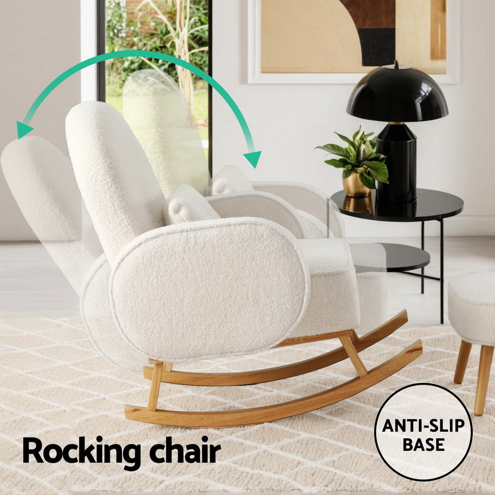Artiss Armchair Rocking Chair Ottoman Lounge Footrest Round Nursing Boucle White