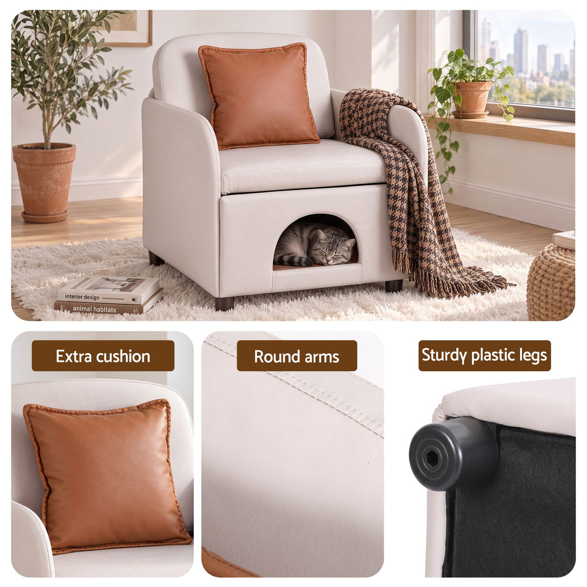 Artiss Armchair PU Leather Pet Accent Lounge Chair Cushion Beige