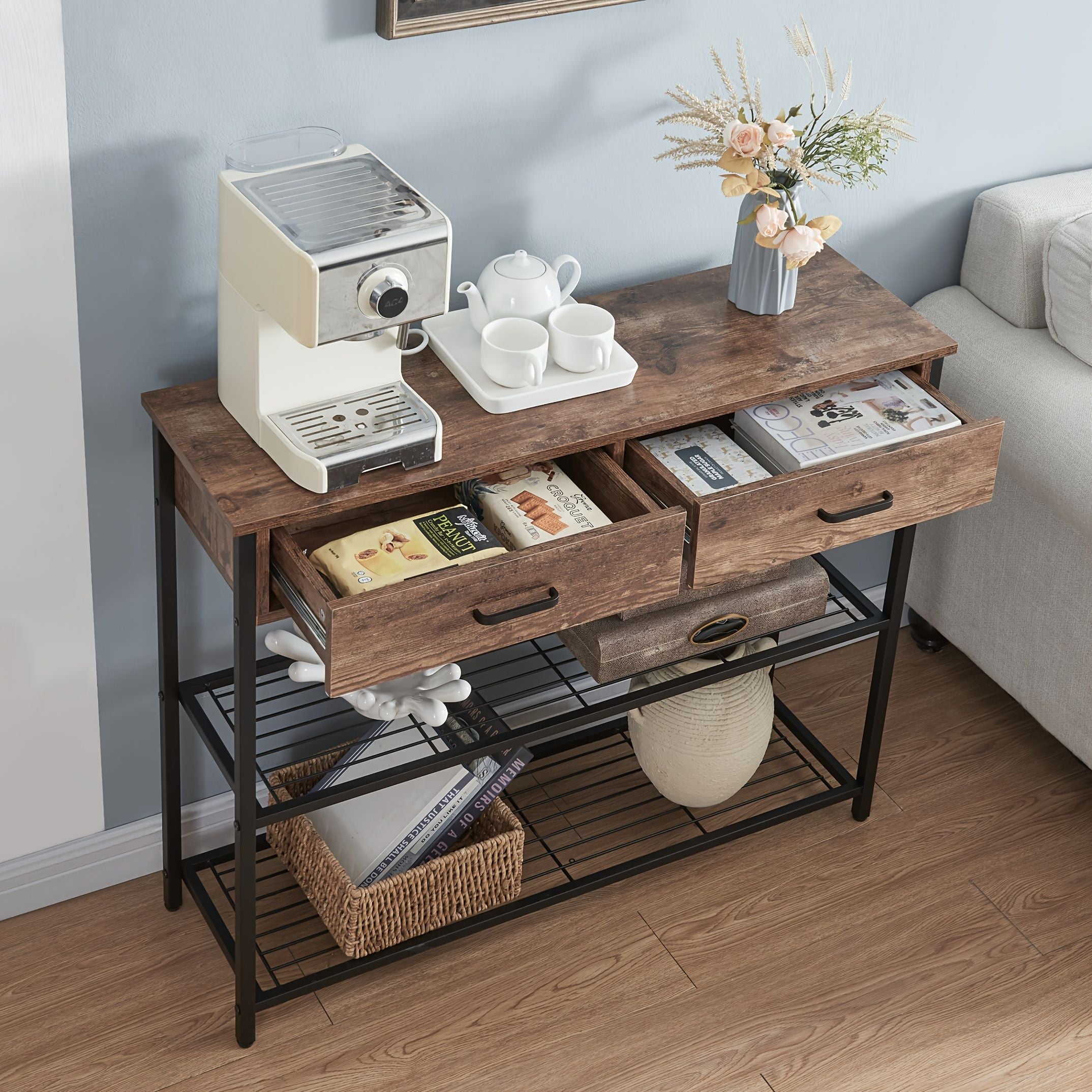 Entryway Table with 2 Drawers, Console Table with Storage Shelves, Sofa Table for Living Room, Entry Way Home Table for Couch, Hallway