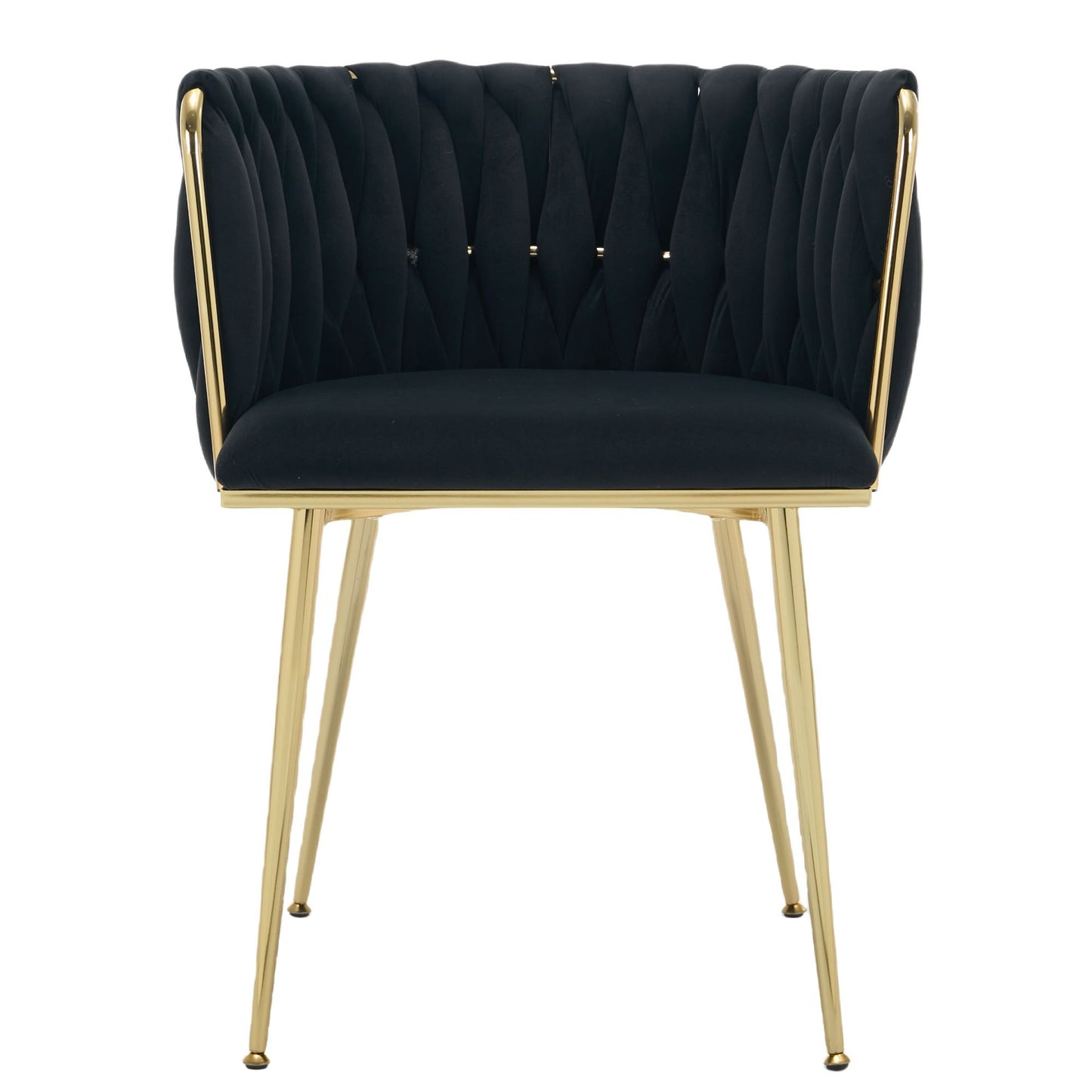 Set of 2 Velvet Upholstered Woven Dining Chairs with Golden Metal Legs, Black