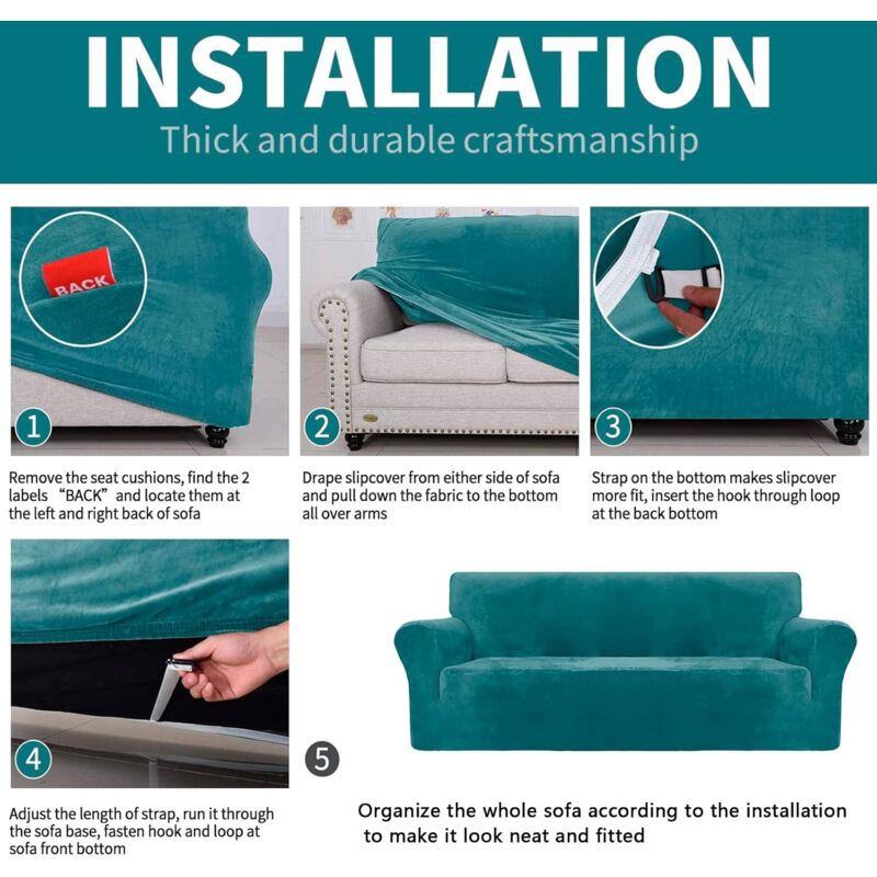 Velvet Sofa Cover 3 Seater Thick Stretch Sofa Slipcovers (3 Seater, Peacock Blue)
