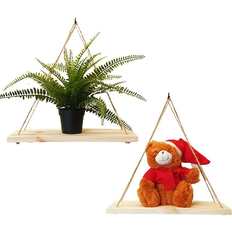 2 pcs Set - Hanging Wall Shelf - Trendy Decoration In Recycled Wood - Hook Included - Pine Wood - 35 Cm X 14 Cm -