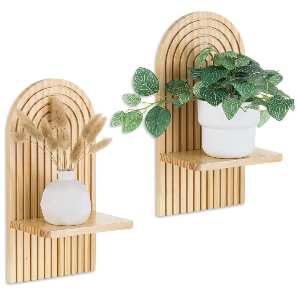 2 Bohemian Style Wooden Wall Shelves with Expander Bolts, Compatible with Living Rooms Bedrooms Kitchens, Brown