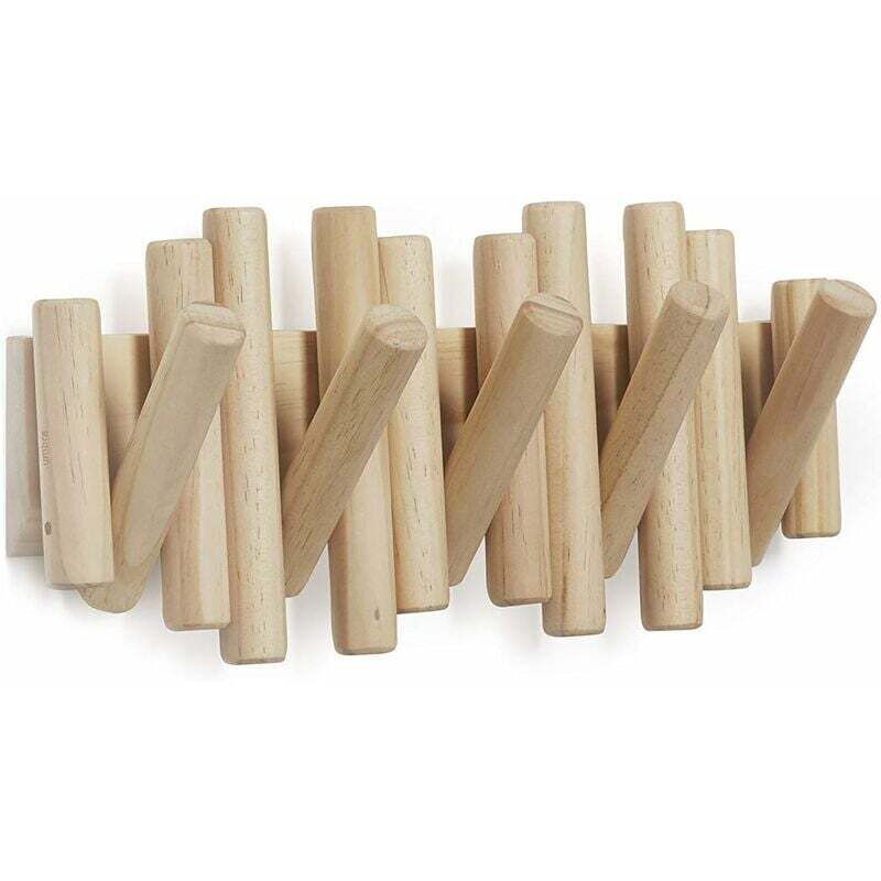 Wooden Wall Coat Rack with 5 Retractable Hooks, 37.1 x 16.5 x 4.4 cm