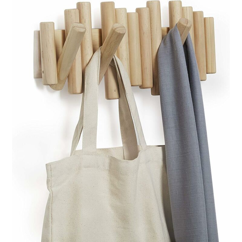 Wooden Wall Coat Rack with 5 Retractable Hooks, 37.1 x 16.5 x 4.4 cm