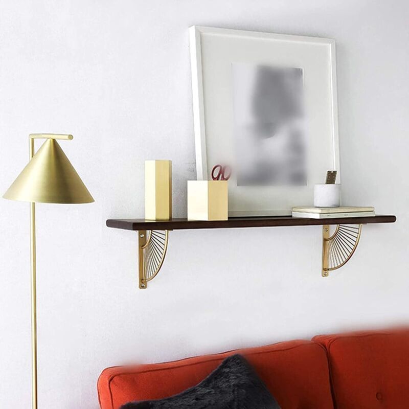 2 Pack Floating Metal Shelf Brackets, Gold Fan Shaped Triangle Wall Brackets, 20 x 20 cm