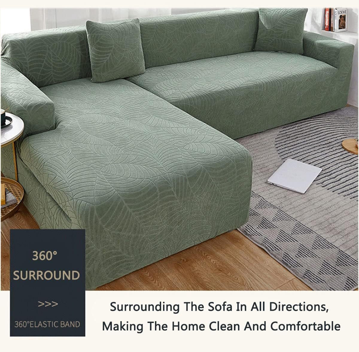 Waterproof sofa cover - Light grey jacquard leaf pattern - For 4-seater sofas (235-300 cm)