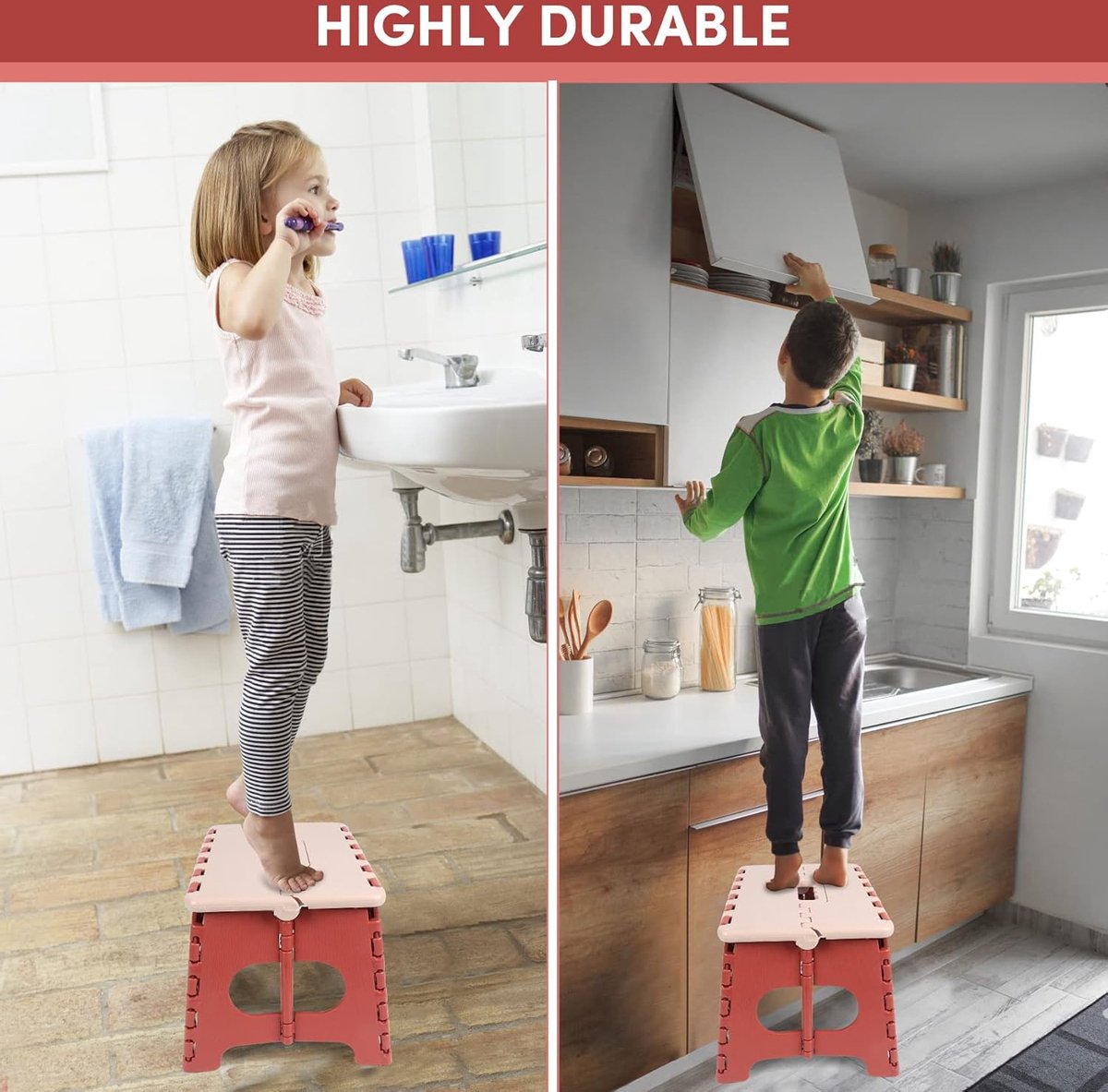 Stool - Small Stool - Step Stool Foldable - Foldable Stool - Foldable Step Stool - Up to 100 kg - 31x25 cm - Safe - Non-slip - Space-saving - Red - Sturdy - Easily Foldable Stool - Portable Footstool
