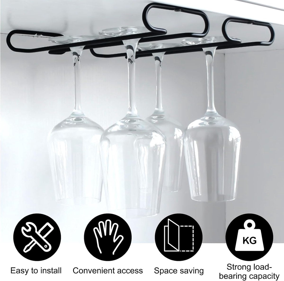 2 pieces - Wine glass holder - Glass hooks for shelf - Iron glass holder for glasses - Wall display holder - Hanging glass holders - Metal hanging glass holder - Display rack - hooks - for bars, wine cabinets, cupboards, restaurants - 26*11.5 cm - black