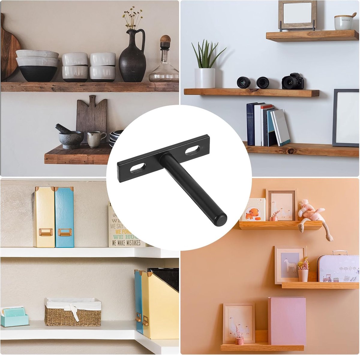 4 pieces - concealed floating shelf brackets - 3 inch - silver - shelves - floating shelf support brackets - steel - wall mounting - screws and plugs included - T-brackets for shelves - for floating wooden shelves - black - 76 mm