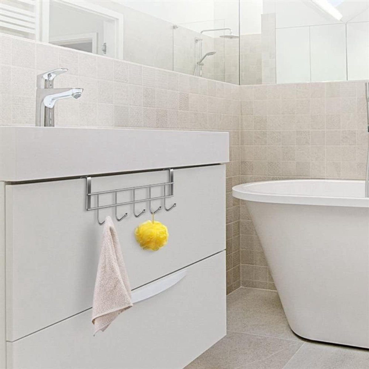 Door Coat Rack with 5 Hooks - Coat Rack on the Door - Clothes Rack - Towel Holder on the Door - For Clothes, Coats, Towels or Other Accessories - Hanging - Iron - Silver - 23.5*8.5*2.5 cm