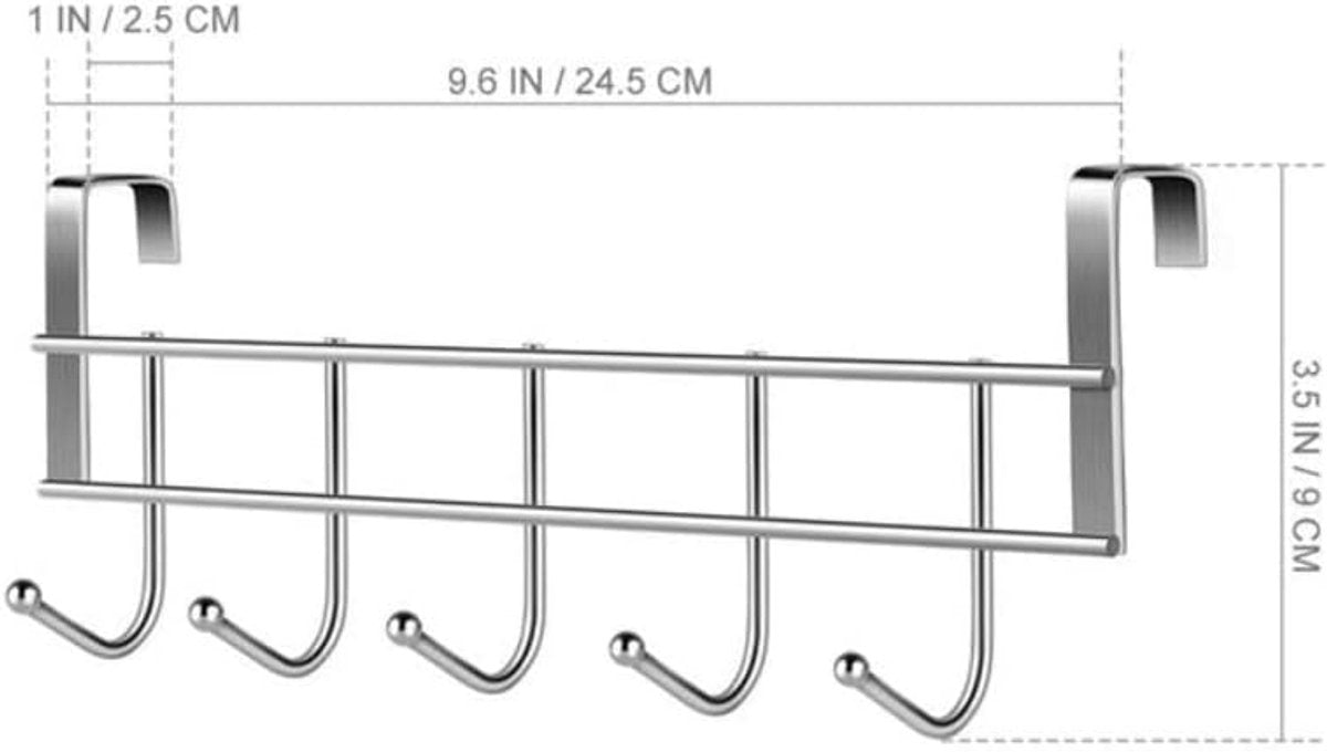 Door Coat Rack with 5 Hooks - Coat Rack on the Door - Clothes Rack - Towel Holder on the Door - For Clothes, Coats, Towels or Other Accessories - Hanging - Iron - Silver - 23.5*8.5*2.5 cm
