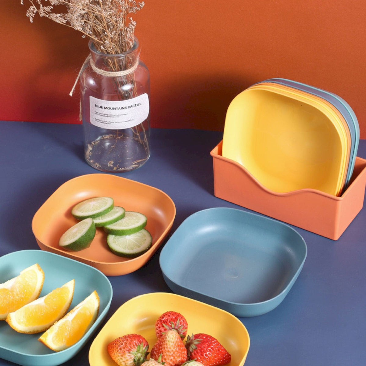 1Pc Square Cereal Bowls,Plastic Small Bowls For Kitchen,Reusable Lightweight Dinner Plate,Plastic Square Bowl,6 Inch Shallow Serving Bowls For Soup Salad Oatmeal Snack Dessert Ice Cream,Orange 5.51" x 5.51" x 1.18" Blue