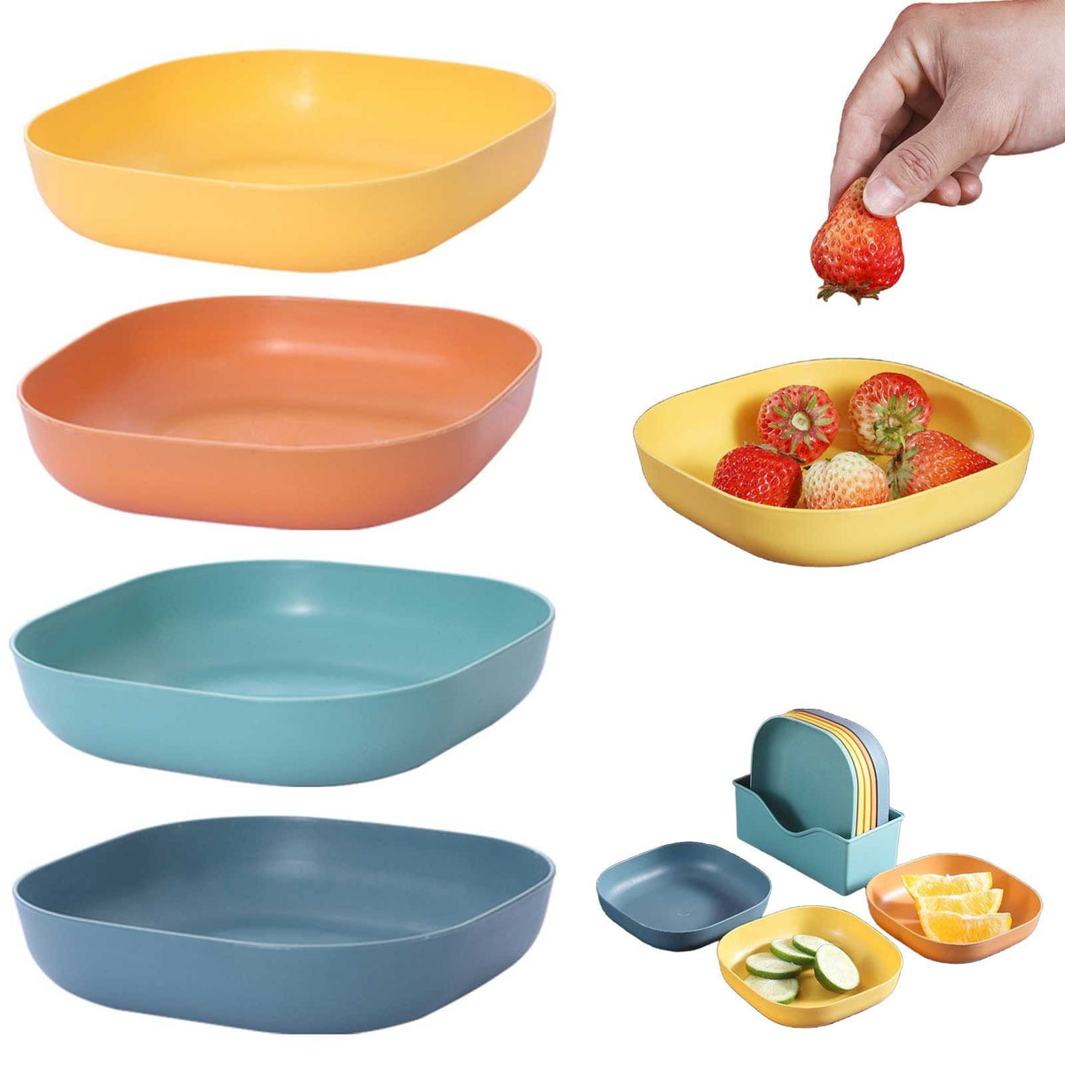 1Pc Square Cereal Bowls,Plastic Small Bowls For Kitchen,Reusable Lightweight Dinner Plate,Plastic Square Bowl,6 Inch Shallow Serving Bowls For Soup Salad Oatmeal Snack Dessert Ice Cream,Orange 5.51" x 5.51" x 1.18" Green