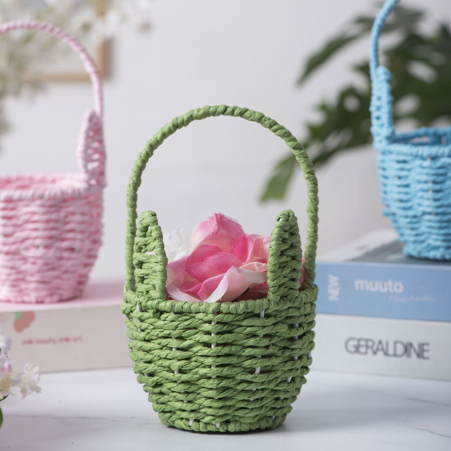 Woven Breads Baskets, Oval Small Fruit Baskets, Stackable Plastic Wicker Baskets for Serving Vegetables, Kitchen, Restaurant, Outdoor, Imitation Rattan, 1 Pcs, 7.48x5.11x2.75 4.88" x 8.19" Pink