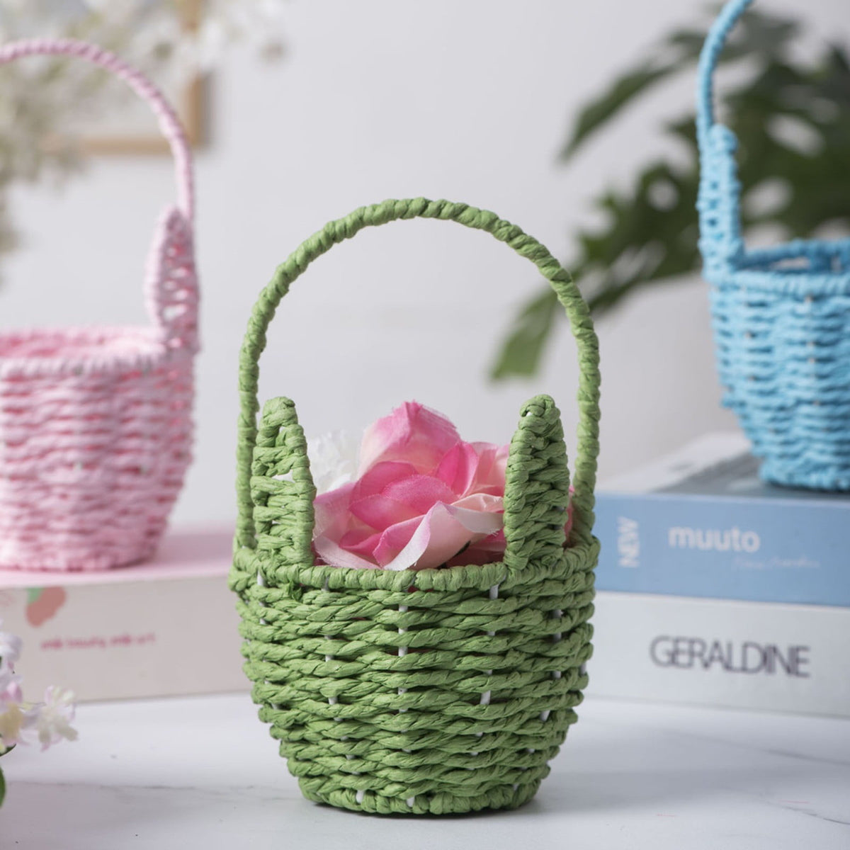 Woven Breads Baskets, Oval Small Fruit Baskets, Stackable Plastic Wicker Baskets for Serving Vegetables, Kitchen, Restaurant, Outdoor, Imitation Rattan, 1 Pcs, 7.48x5.11x2.75 4.88" x 8.19" Pink