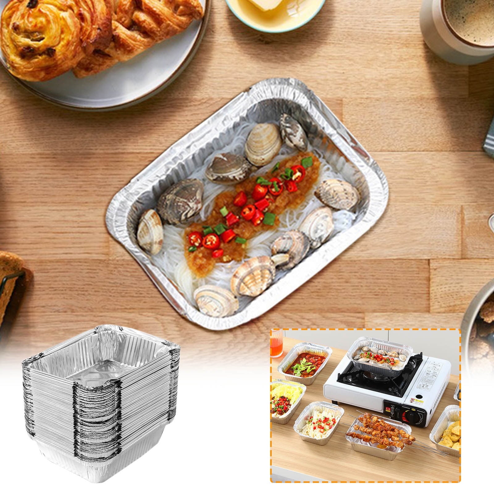 50 Pcs Disposable Aluminum Baking Pans,Rectangular Foil Trays for Grilling and Baking,Oven-Safe and Eco-Friendly,Perfect for Brownies,Lasagna,or Outdoor BBQ,No Cleanup Needed. Silver