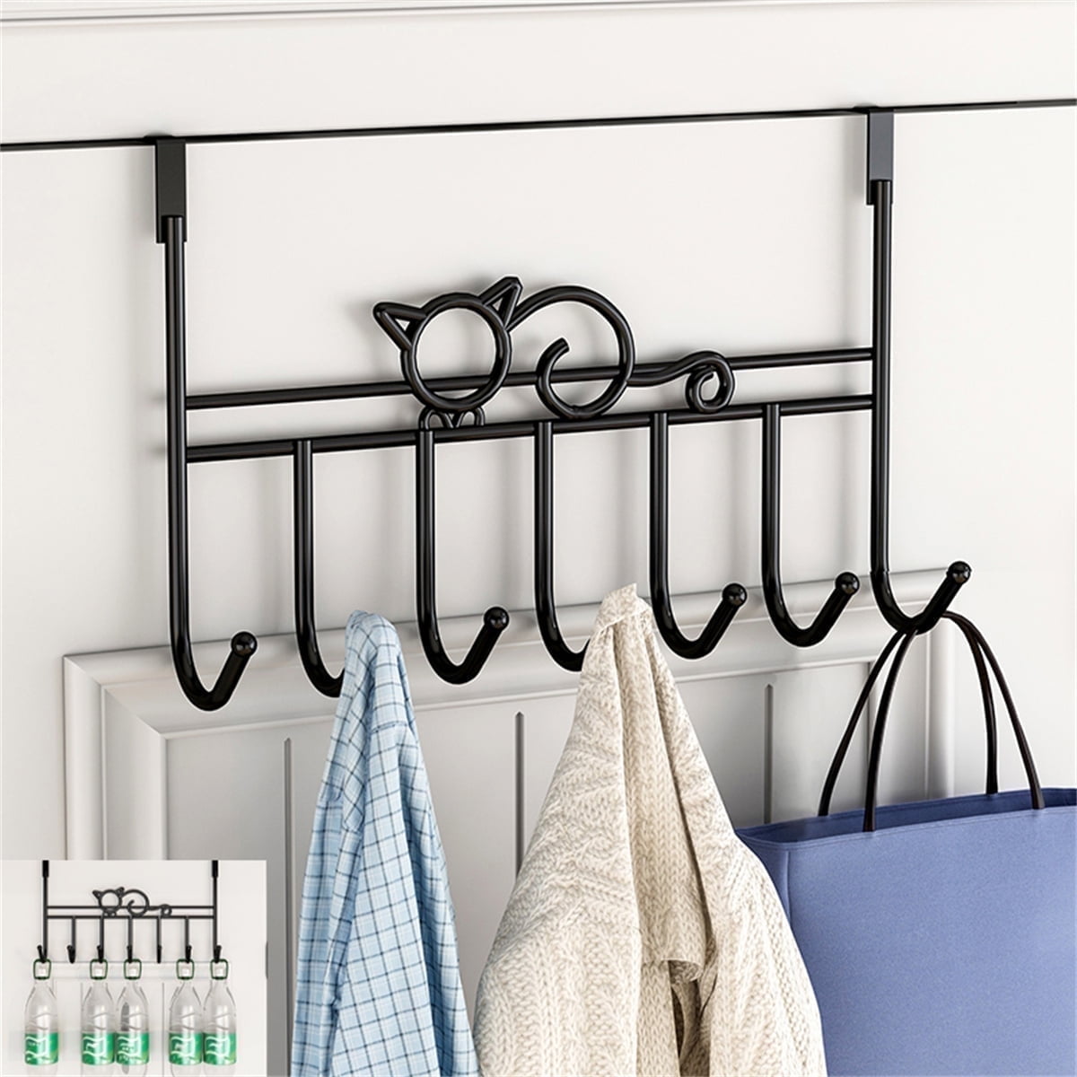 Tutuviw Over the Door Hook,Cat Design Wall Hooks Over Door Hook with 7 Hooks for Back of Bedroom Bathroom Door Punch-Free Coat Rack Organizer Clothes Key Holder Towel Door Coat Hanger,Black Brown