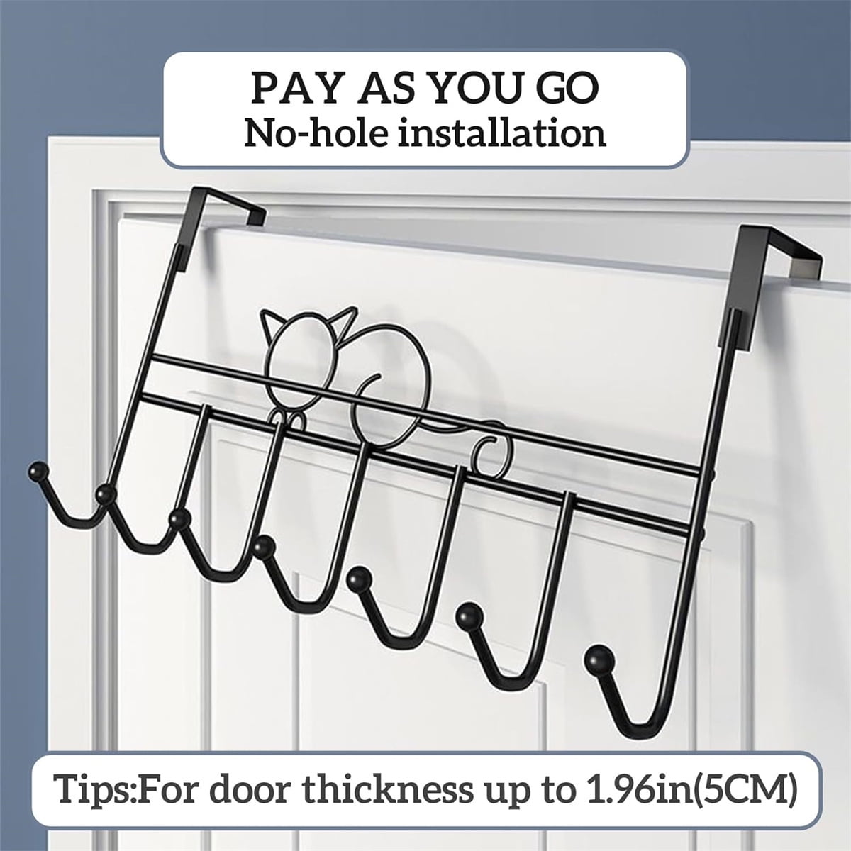 Tutuviw Over the Door Hook,Cat Design Wall Hooks Over Door Hook with 7 Hooks for Back of Bedroom Bathroom Door Punch-Free Coat Rack Organizer Clothes Key Holder Towel Door Coat Hanger,Black Brown