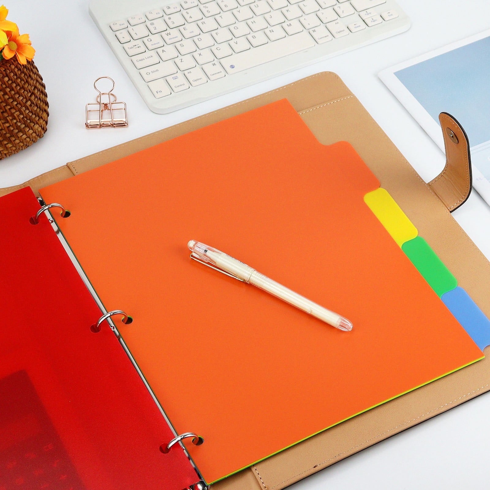 Durable Multicolor 3-Ring Binder, Plastic Divider Set with Tab Labels, Frosted Waterproof Folder Inner Page Binder, 3-Hole Punched, for Office and Organization, Letter Size 6-Tab Dividers Multicolor