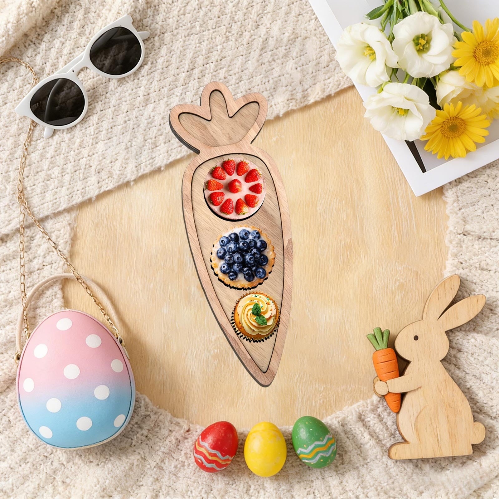Easter Charcuterie Board, Easter Egg Bunny Wooden Serving Tray, Rabbit Cheese Appetizer Board, Snack Serving Platter, for Home Spring Party Food Holiday Salad Dish, Fruit Plate Supplies KhakiC