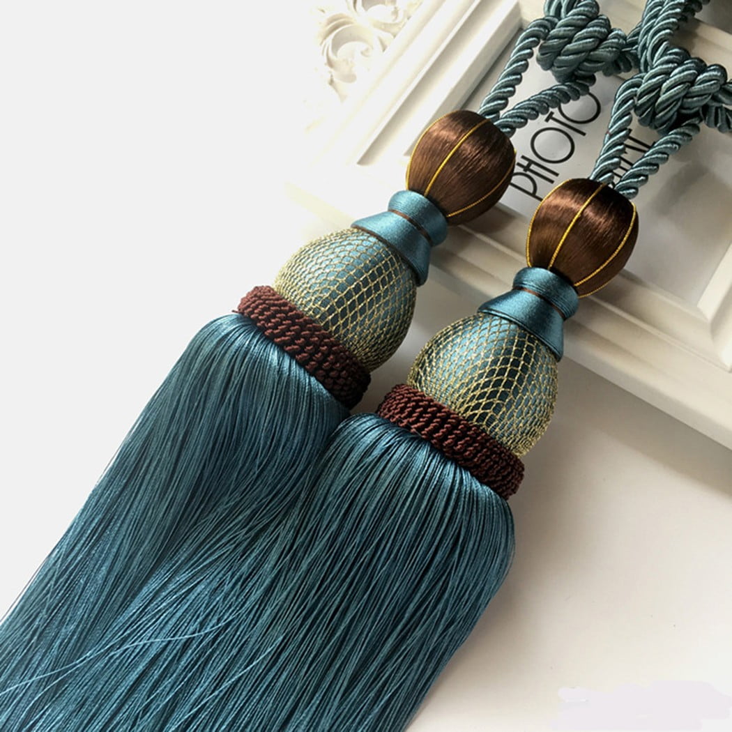 Bosisa 2pcs Large Tie Backs Ball Tassel Curtain Rope Tieback,Gold Blue