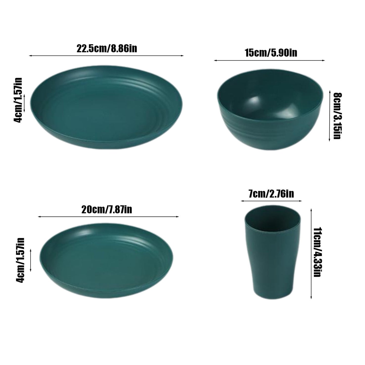 16 Pieces Kitchen Dinnerware Set, Service for 8, Dinner Plates, Dessert Plate, Cereal Bowls, Cups, Colorful Plastic Outdoor Camping Dishes Green