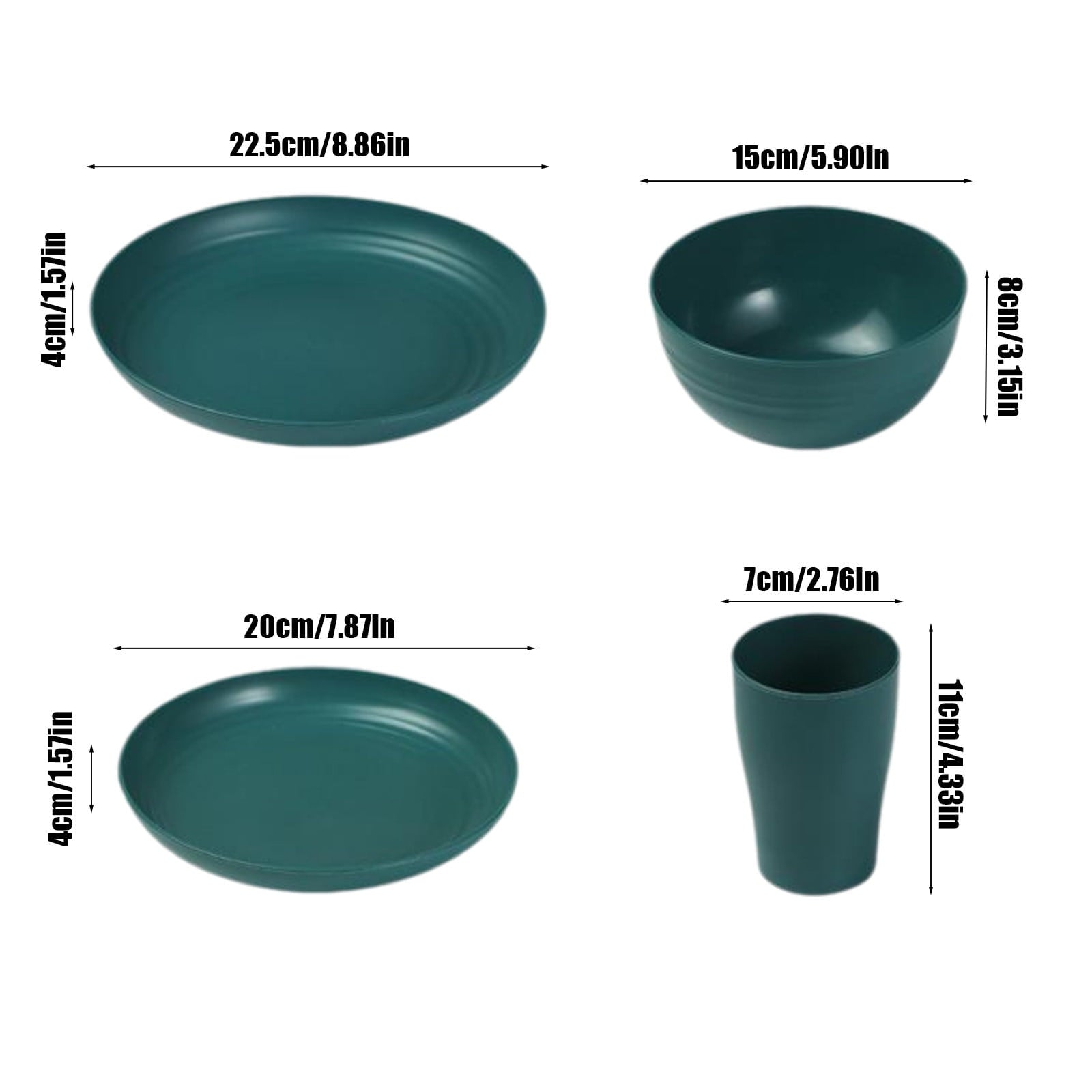 16 Pieces Kitchen Dinnerware Set, Service for 8, Dinner Plates, Dessert Plate, Cereal Bowls, Cups, Colorful Plastic Outdoor Camping Dishes Green