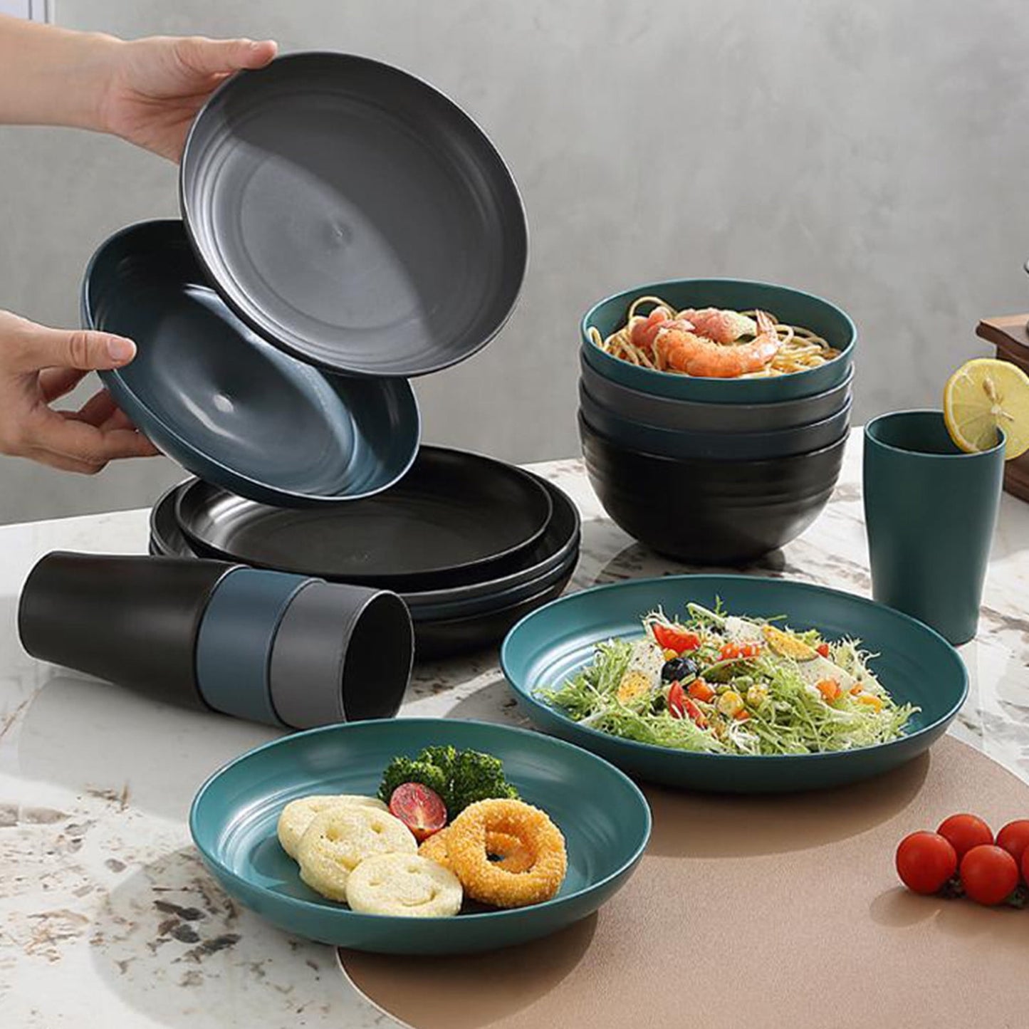 16 Pieces Kitchen Dinnerware Set, Service for 8, Dinner Plates, Dessert Plate, Cereal Bowls, Cups, Colorful Plastic Outdoor Camping Dishes Green