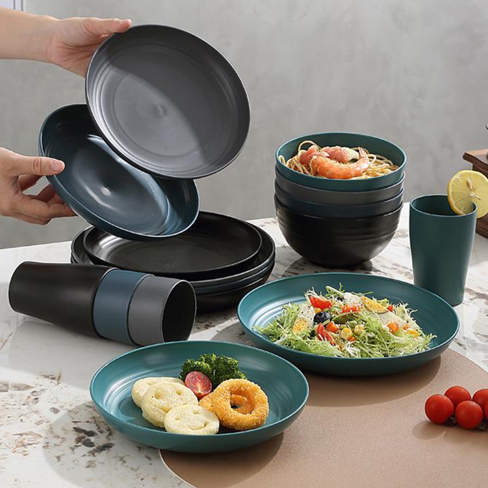 16 Pieces Kitchen Dinnerware Set, Service for 8, Dinner Plates, Dessert Plate, Cereal Bowls, Cups, Colorful Plastic Outdoor Camping Dishes Green