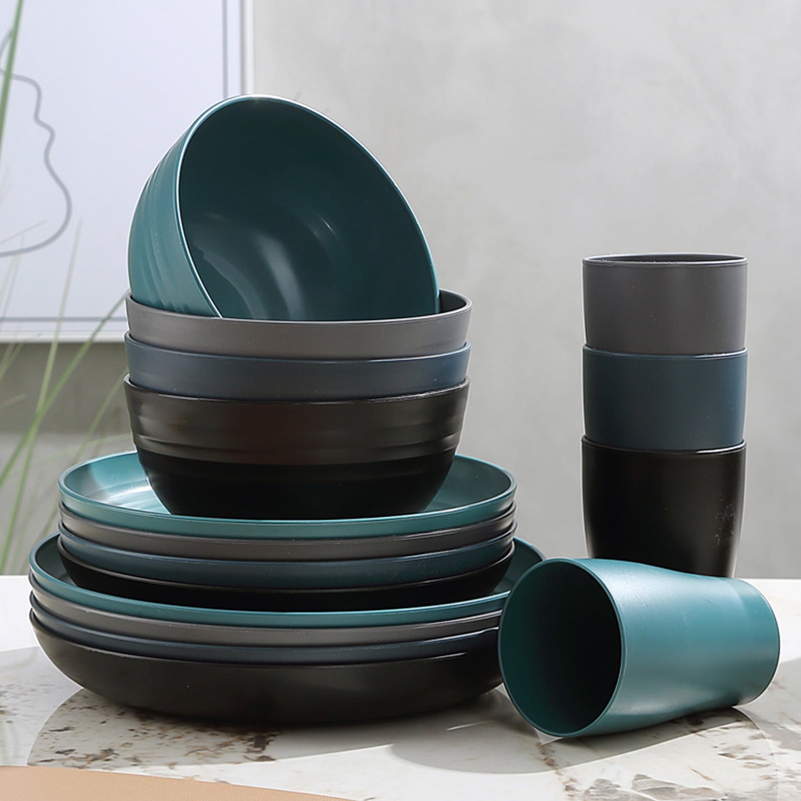 16 Pieces Kitchen Dinnerware Set, Service for 8, Dinner Plates, Dessert Plate, Cereal Bowls, Cups, Colorful Plastic Outdoor Camping Dishes Green
