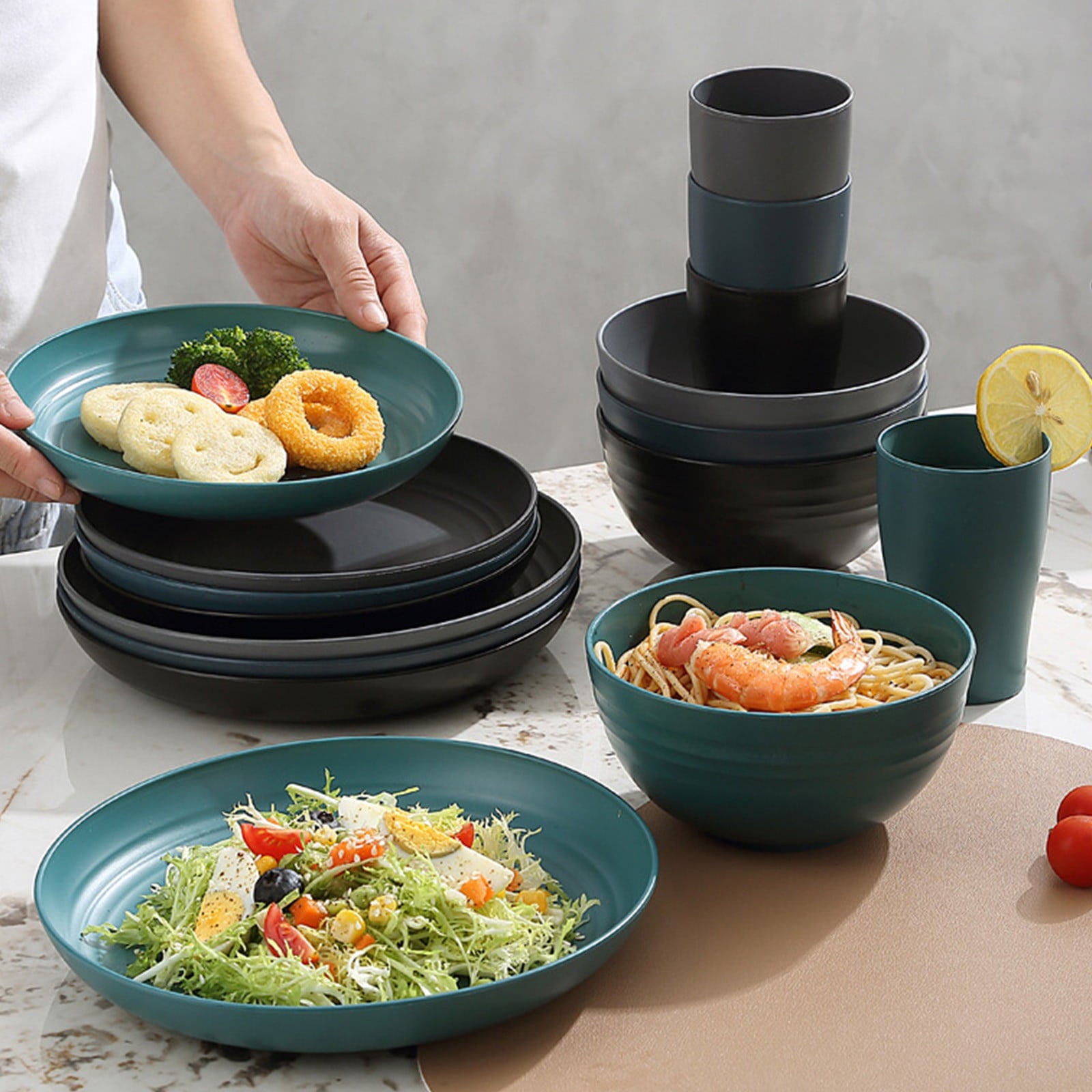 16 Pieces Kitchen Dinnerware Set, Service for 8, Dinner Plates, Dessert Plate, Cereal Bowls, Cups, Colorful Plastic Outdoor Camping Dishes Green