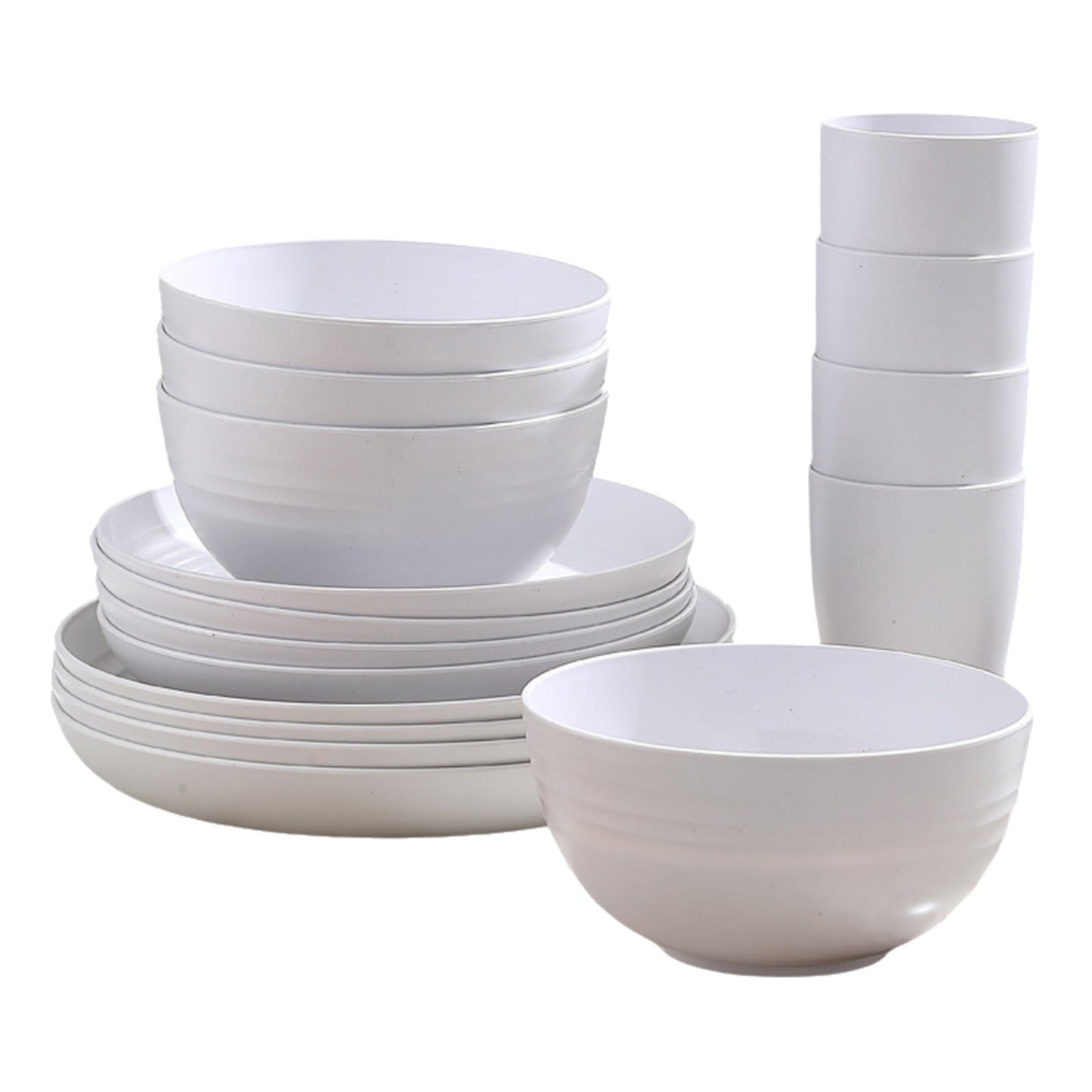 16 Pieces Kitchen Dinnerware Set, Service for 8, Dinner Plates, Dessert Plate, Cereal Bowls, Cups, Colorful Plastic Outdoor Camping Dishes White