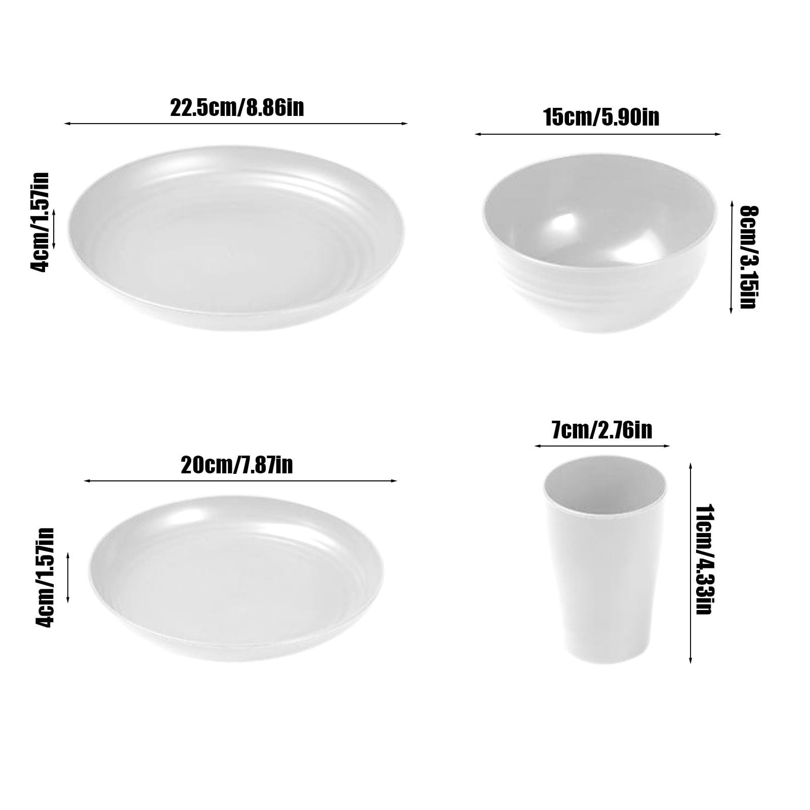 16 Pieces Kitchen Dinnerware Set, Service for 8, Dinner Plates, Dessert Plate, Cereal Bowls, Cups, Colorful Plastic Outdoor Camping Dishes White