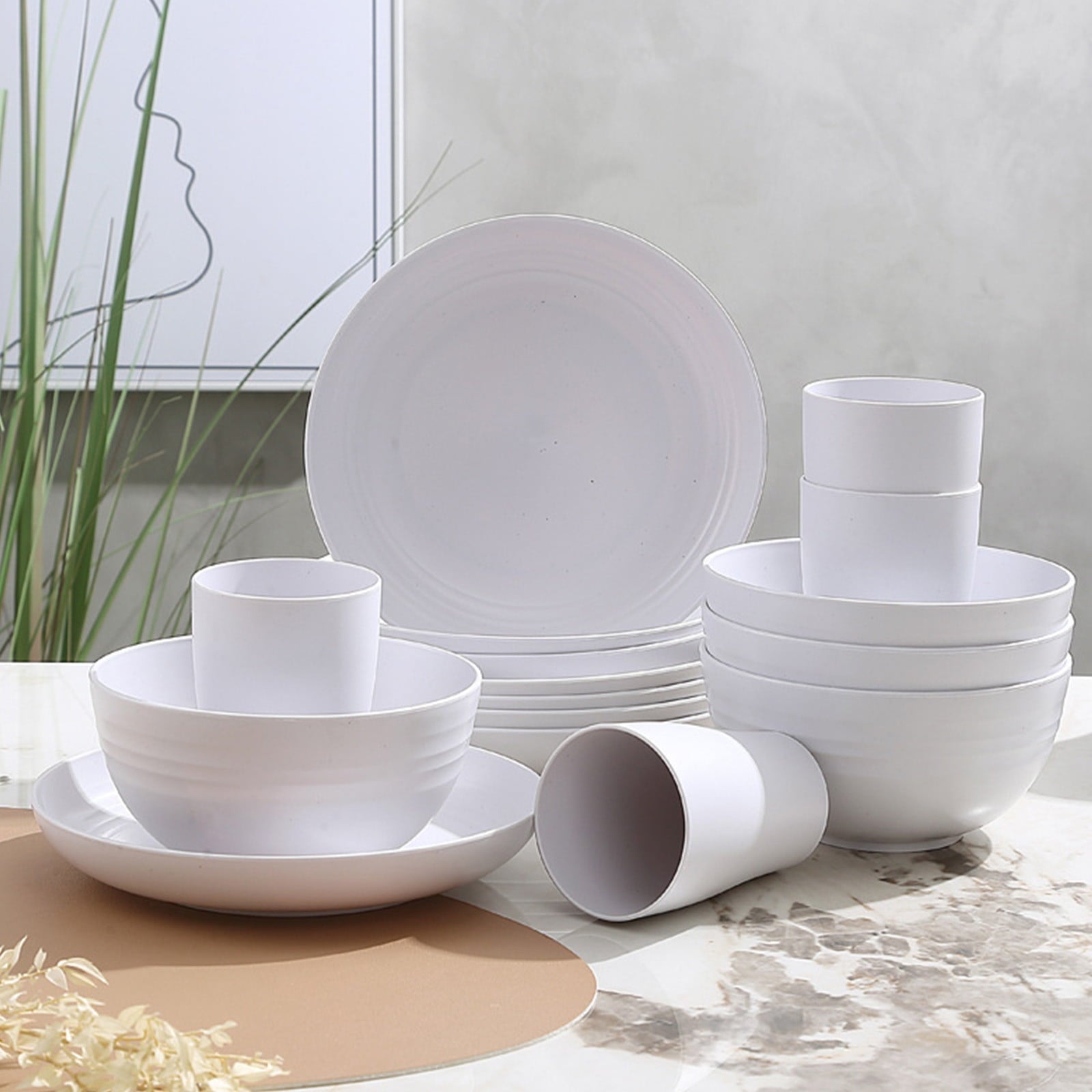 16 Pieces Kitchen Dinnerware Set, Service for 8, Dinner Plates, Dessert Plate, Cereal Bowls, Cups, Colorful Plastic Outdoor Camping Dishes White