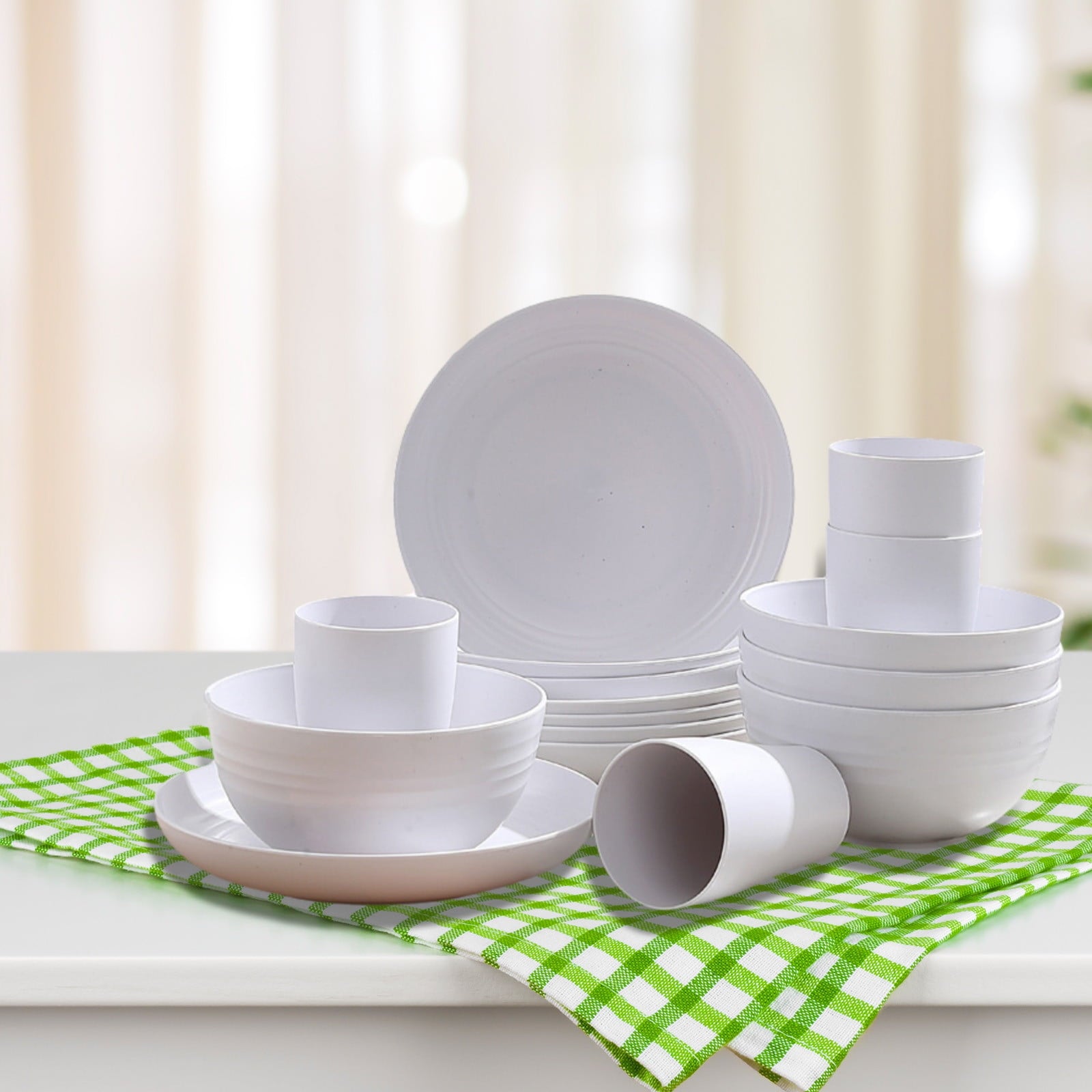 16 Pieces Kitchen Dinnerware Set, Service for 8, Dinner Plates, Dessert Plate, Cereal Bowls, Cups, Colorful Plastic Outdoor Camping Dishes White