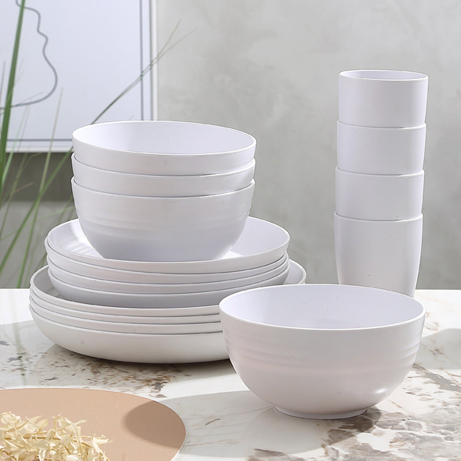 16 Pieces Kitchen Dinnerware Set, Service for 8, Dinner Plates, Dessert Plate, Cereal Bowls, Cups, Colorful Plastic Outdoor Camping Dishes White