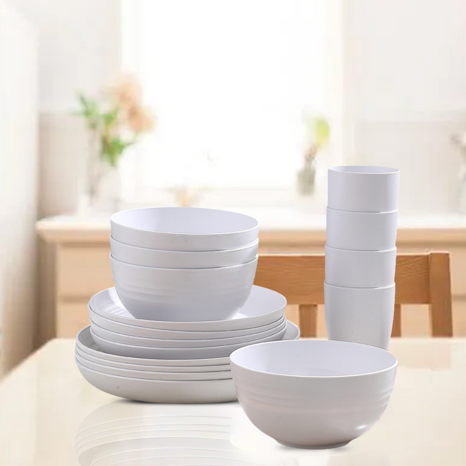 16 Pieces Kitchen Dinnerware Set, Service for 8, Dinner Plates, Dessert Plate, Cereal Bowls, Cups, Colorful Plastic Outdoor Camping Dishes White