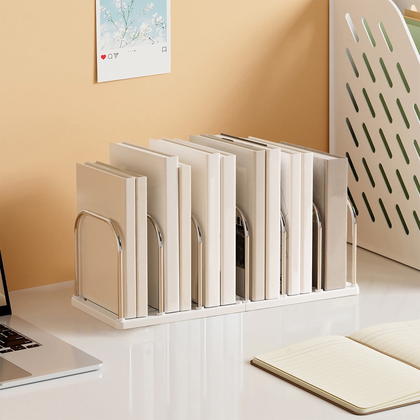Multi-Tier Desktop Bookshelf - Space-Saving Desk Organizer for Books, Files & Learning Supplies, Serviceable Storage Rack for Office, Study, or Home Use (Lightweight & Compact) 14.6×5.9×5.3 in White