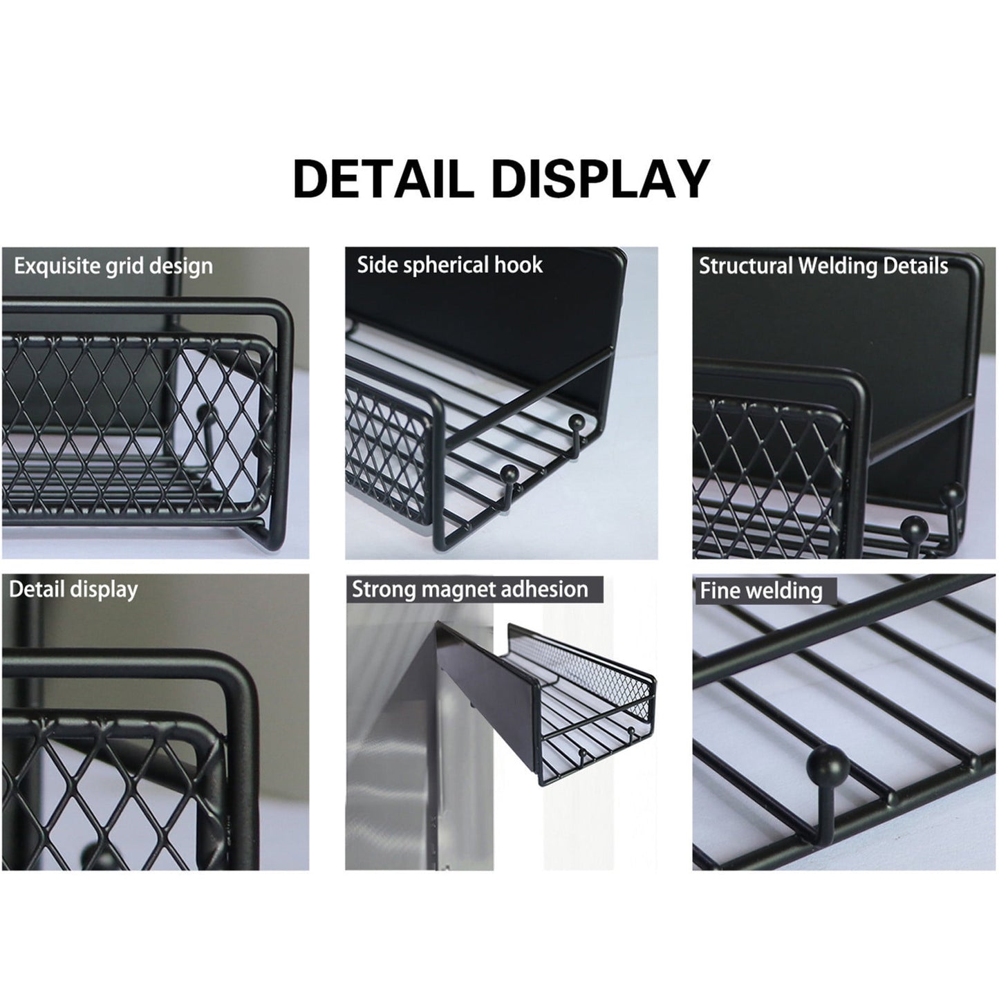 Magnetic Spice Rack Organizer Mesh Design for Refrigerator Oven, Black Storage Rack for Kitchen Spices Condiments, Easy Install Fridge Organizer Black