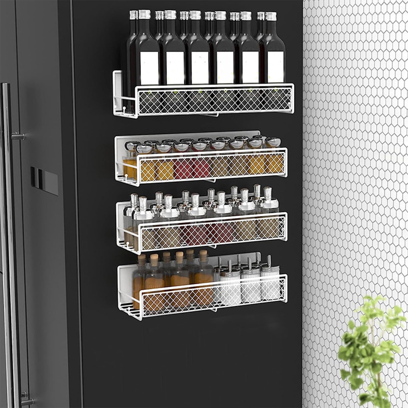 Magnetic Spice Rack Organizer Mesh Design for Refrigerator Oven, Black Storage Rack for Kitchen Spices Condiments, Easy Install Fridge Organizer White