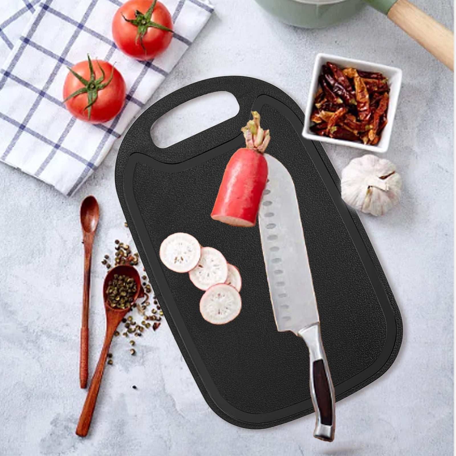 Plastic Cutting Boards for Kitchen Dishwasher Safe, Double-sided Design Extra Large Cutting Board for Meat , Easy Grip Handle, Non-Slip, with Grinding Area 12.8" x 7.8" x 0.1" Black