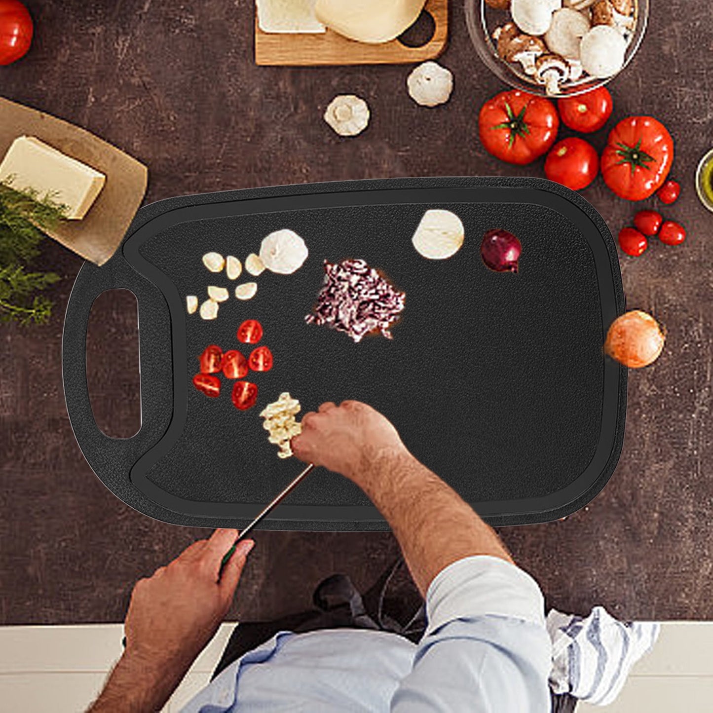 Plastic Cutting Boards for Kitchen Dishwasher Safe, Double-sided Design Extra Large Cutting Board for Meat , Easy Grip Handle, Non-Slip, with Grinding Area 12.8" x 7.8" x 0.1" Black