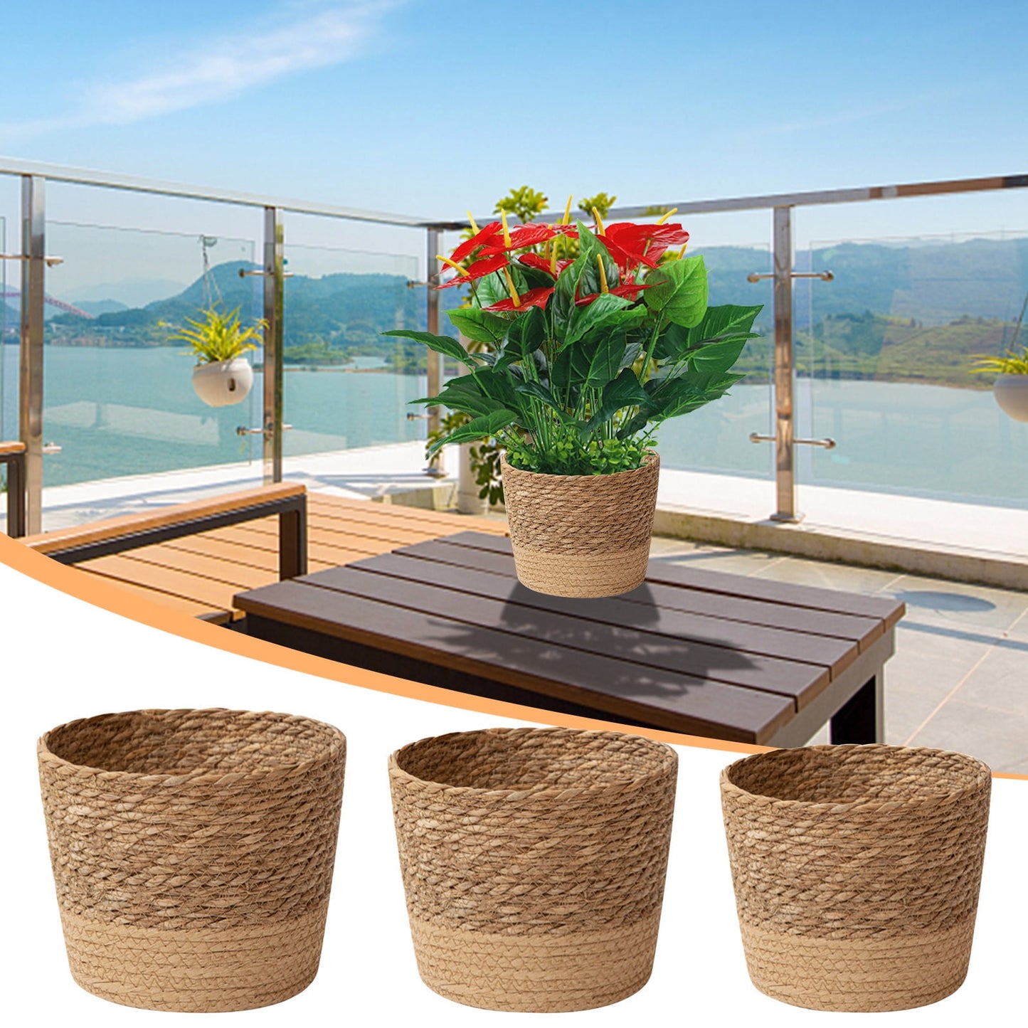 Woven Seagrass Plant Basket, Flower Pots Home Boho Decor, Storage Picnic Grocery Straw Bag for Plant Artificial Tree - 5.5"×8.7"×6.3 D