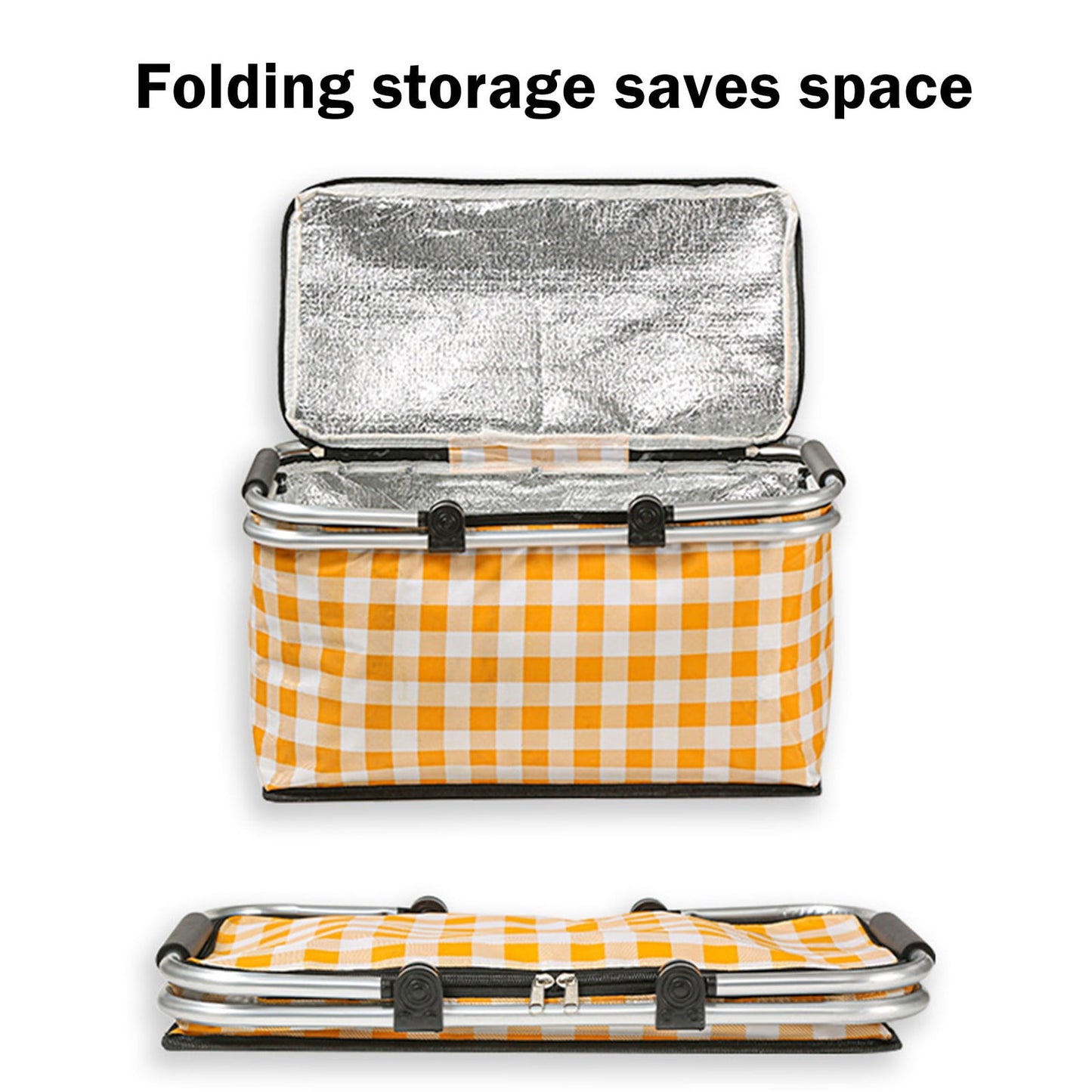 Kdkad Picnic Basket, Collapsible Shopping Basket with Lid Large Market Basket with Handles Reusable Folding Grocery Basket Insulated Cooler Bag for Picnic Travel 18.5×8.7×10.6 in Yellow
